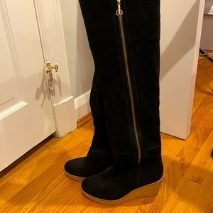 BLACK SUEDE KNEE HIGH WEDGE BOOTS.